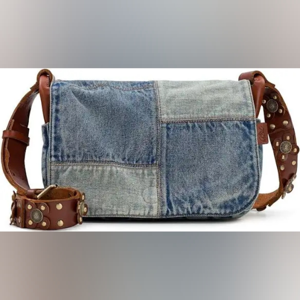 PATRICIA NASH Patchwork Denim and Brown Leather Studded Strap Crossbody